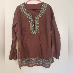 A.n.a Brown Turquoise Trim Tunic Top